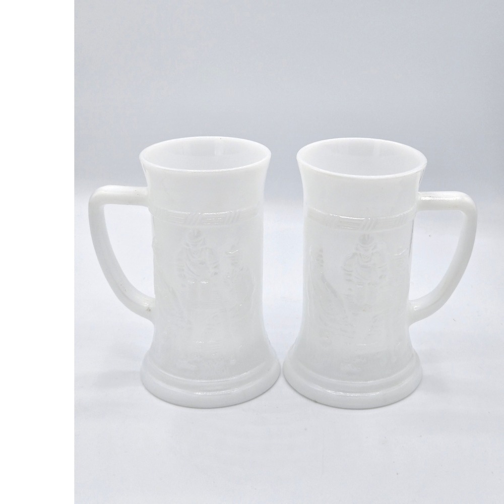 Vintage Federal Glass "Tavern Scene" Milk Glass 6" Mugs